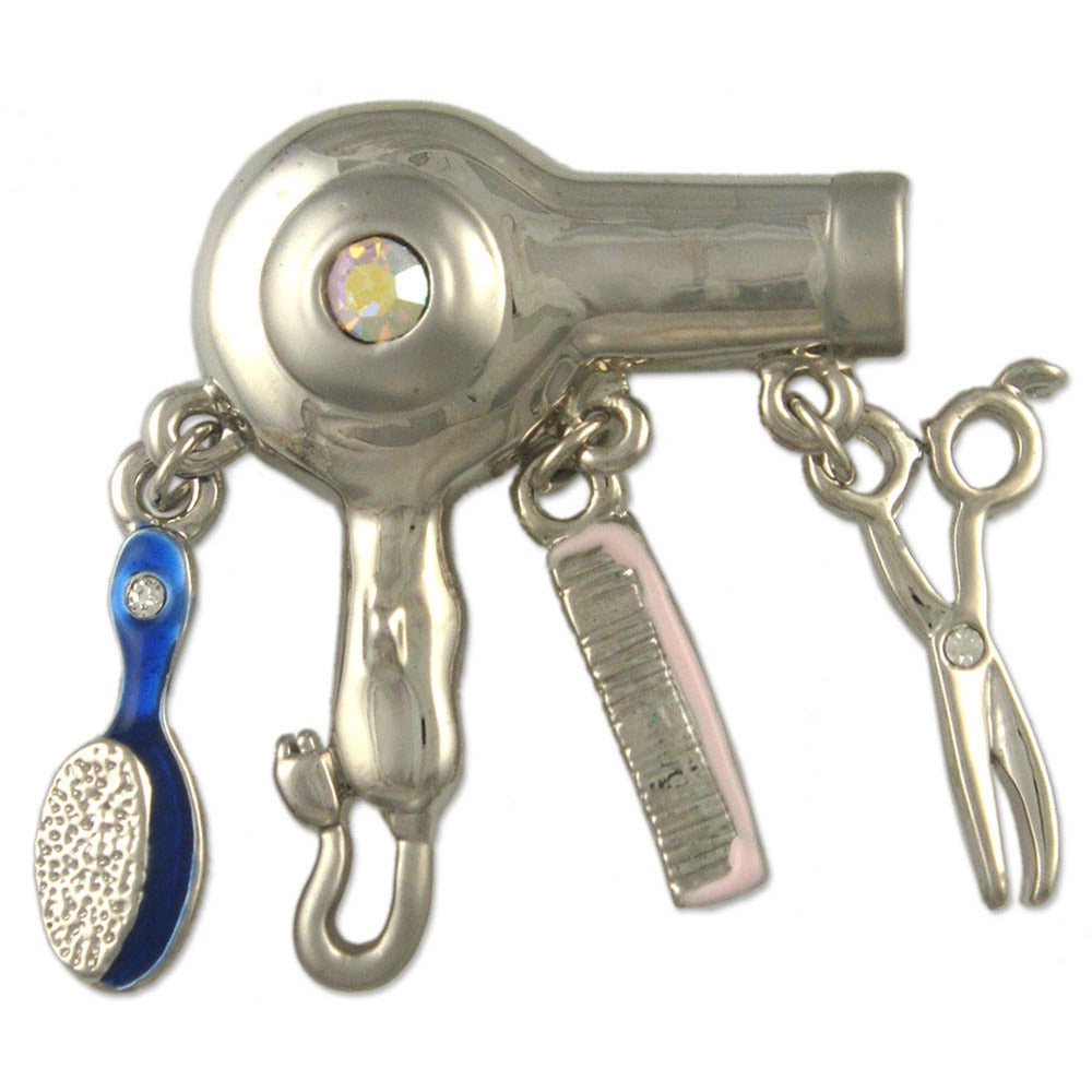 GB2456 | Austrian Crystal Hair Salon Dryer, Comb, Brush & Scissors Brooch Pin, Gold or Rhodium Plated