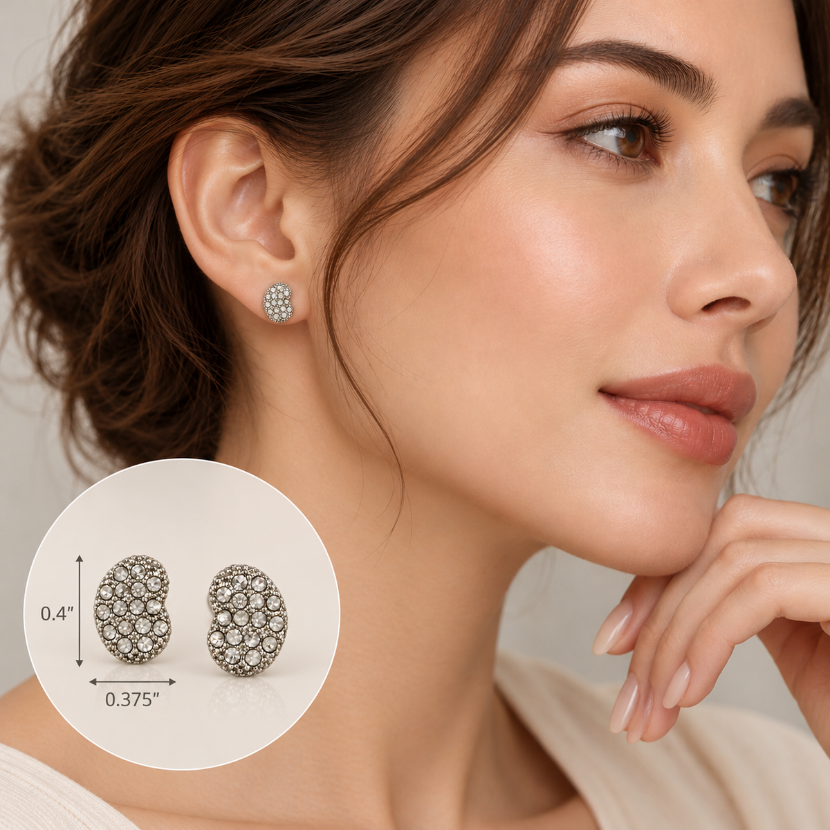 Aura & Heirloom GE3777 | Designer-Inspired Kidney Bean-Shaped Silver-Plated Pavé Crystal Stud Earrings on Model
