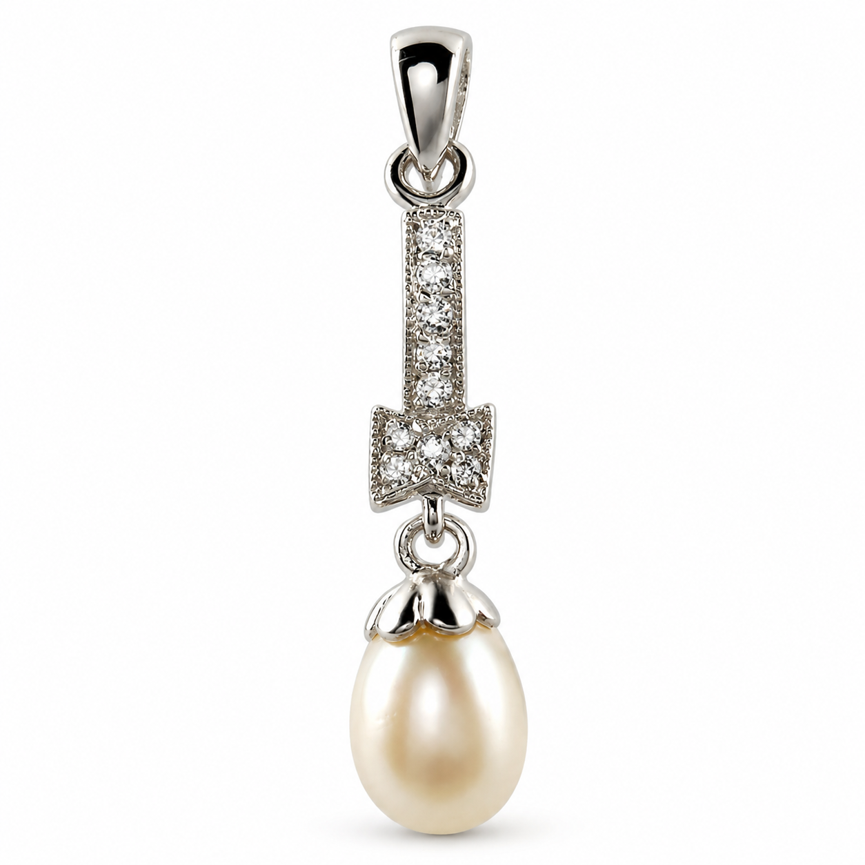 KP446 | White Fresh Water Pearl with Crystal Bow Drop Pendant