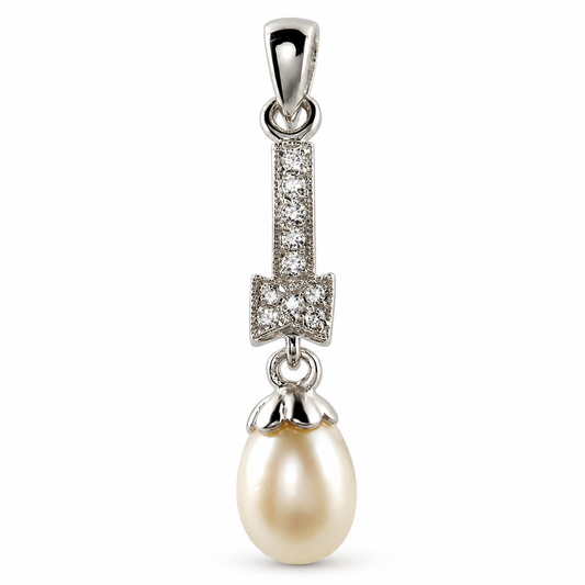 KP446 | White Fresh Water Pearl with Crystal Bow Drop Pendant