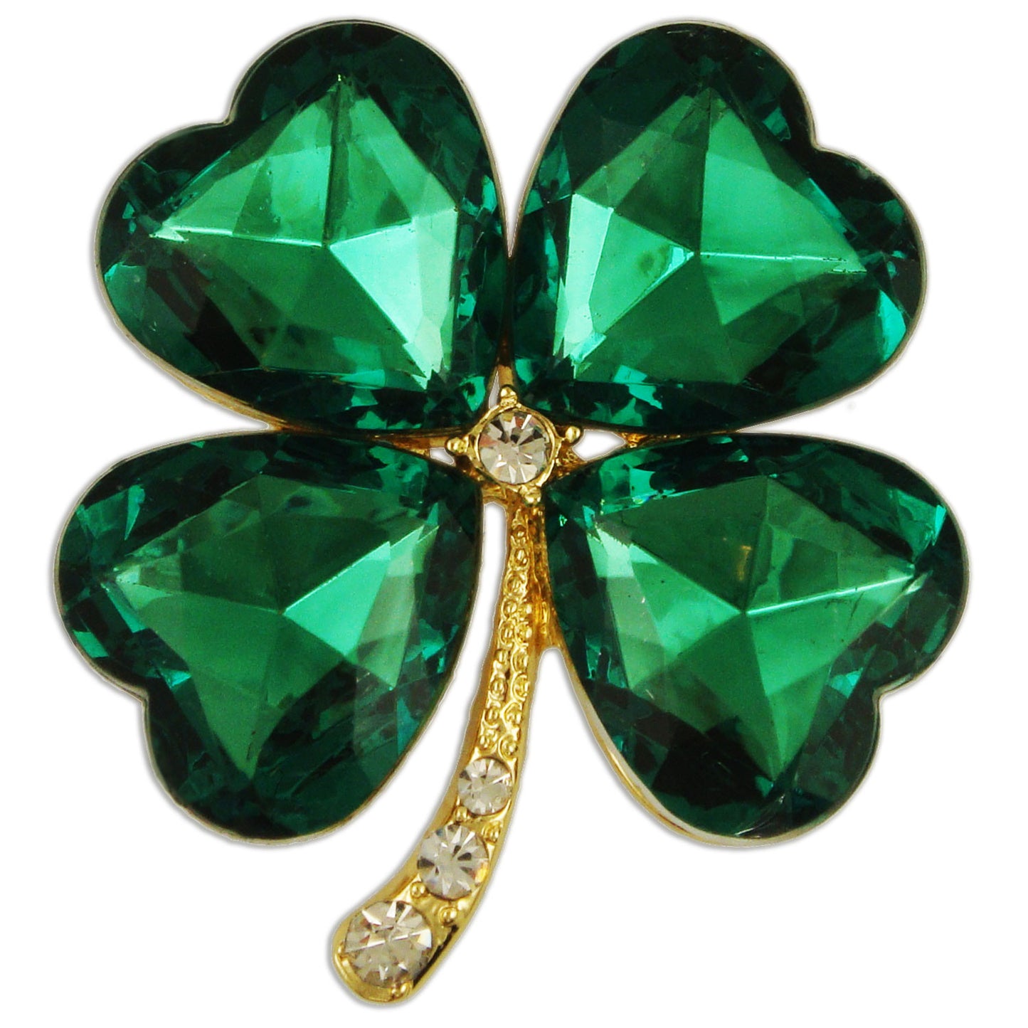 BB24434 | Austrian Crystal Green Four Leaf Clover Irish Lucky St. Patrick's Day Brooch Pendant Pin, Rhodium or Gold Plated