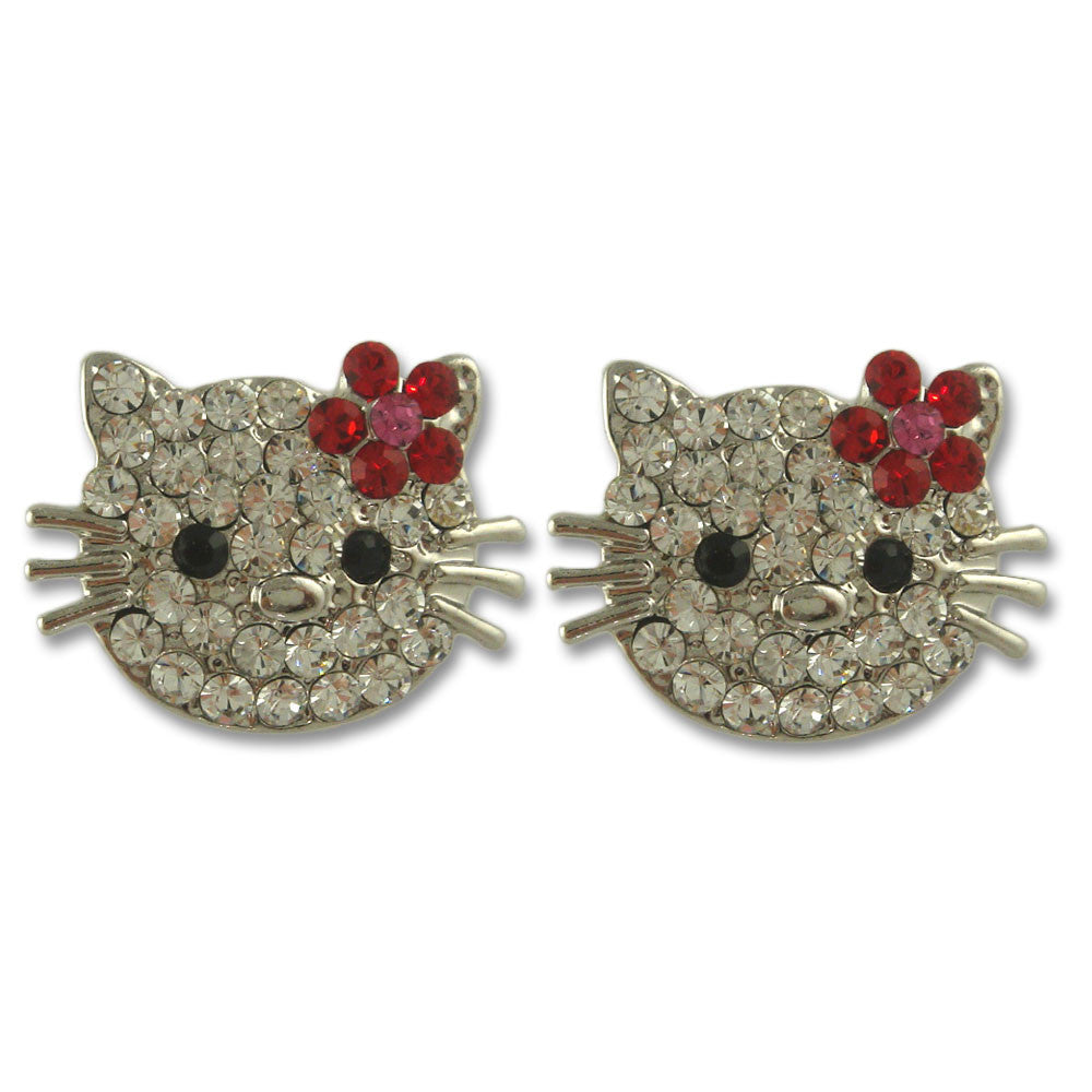 GE2505 (L) | Cute Austrian Crystal Rhodium Plated Kitty Cat Earrings, Pink or Red