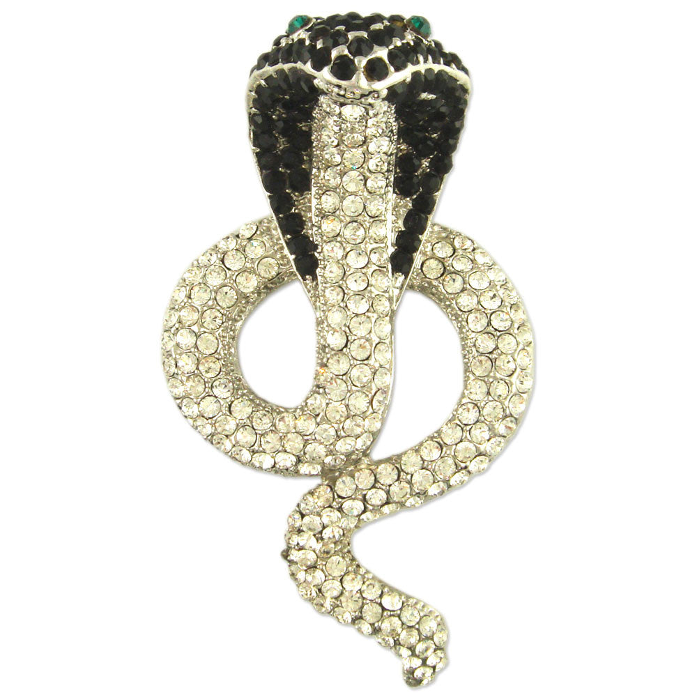GB2522 | Rhodium Plated Clear & Black Austrian Crystals Cobra Snake Reptile Fashion Brooch Pin