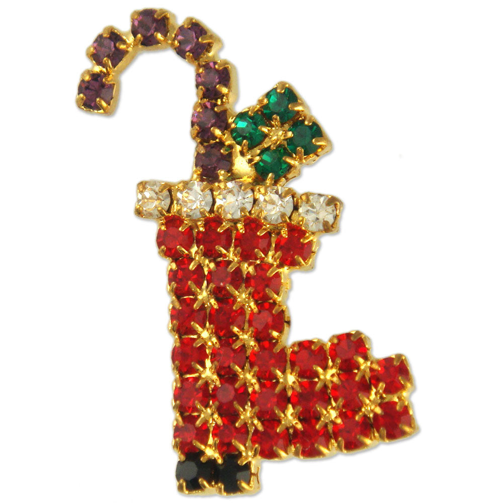 B21184 | Gold Plated Austrian Crystal Christmas Red Stocking Holiday Jewelry Brooch Pin
