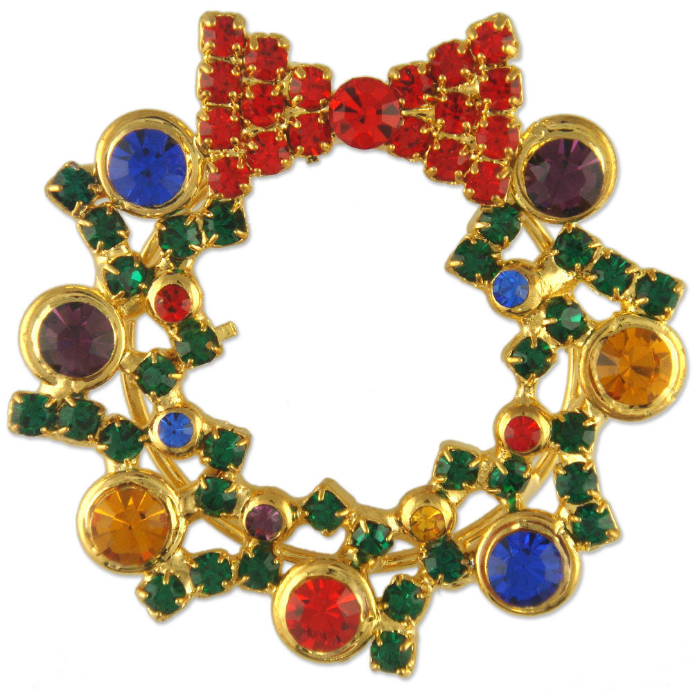 B22099 | Gold Plated Austrian Crystal Christmas Wreath Holiday Jewelry Brooch Pin