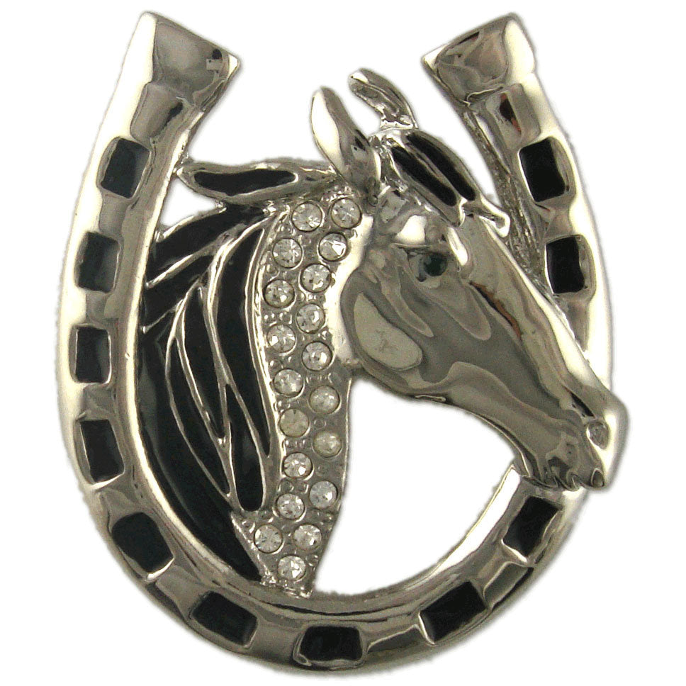 BB3423 | Rhodium Plated Crystal Horse Shoe & Head Brooch/Pin