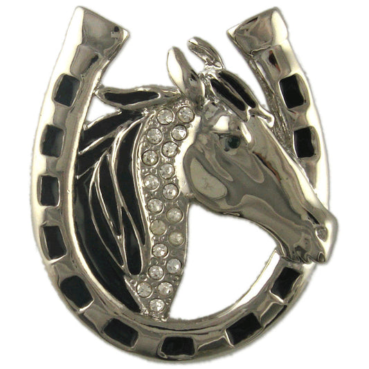 BB3423 | Rhodium Plated Crystal Horse Shoe & Head Brooch/Pin