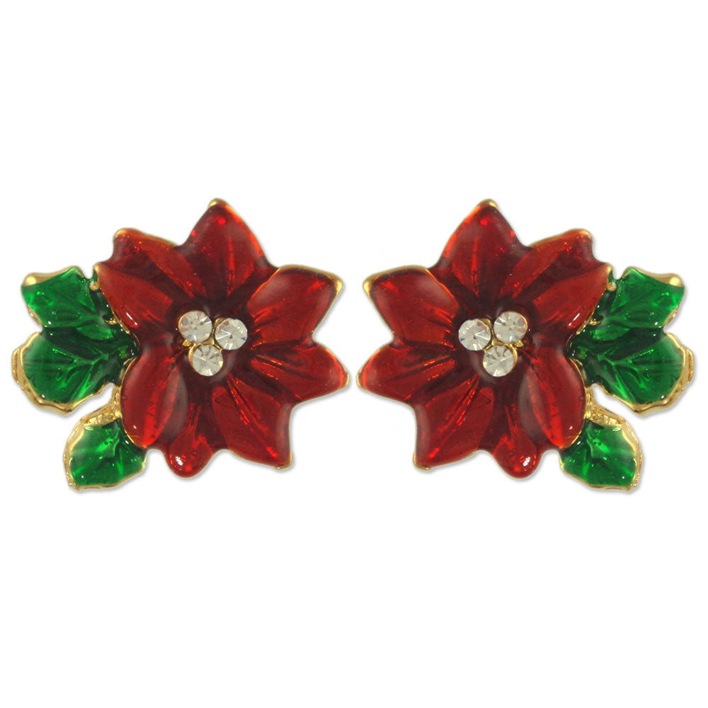 GB2408 | Austrian Crystal Gold Plated Christmas Holiday Red Poinsettia Flower Brooch Pin or Earrings