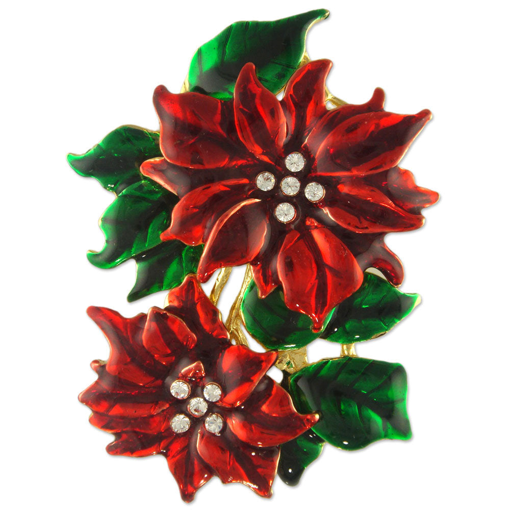 GB2408 | Austrian Crystal Gold Plated Christmas Holiday Red Poinsettia Flower Brooch Pin or Earrings