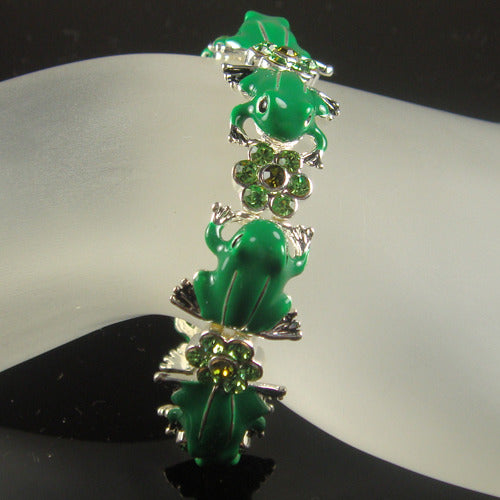 GB2439 | Cute Rhodium Plated Austrian Crystal Green Frog with Flower Stretch Bracelet