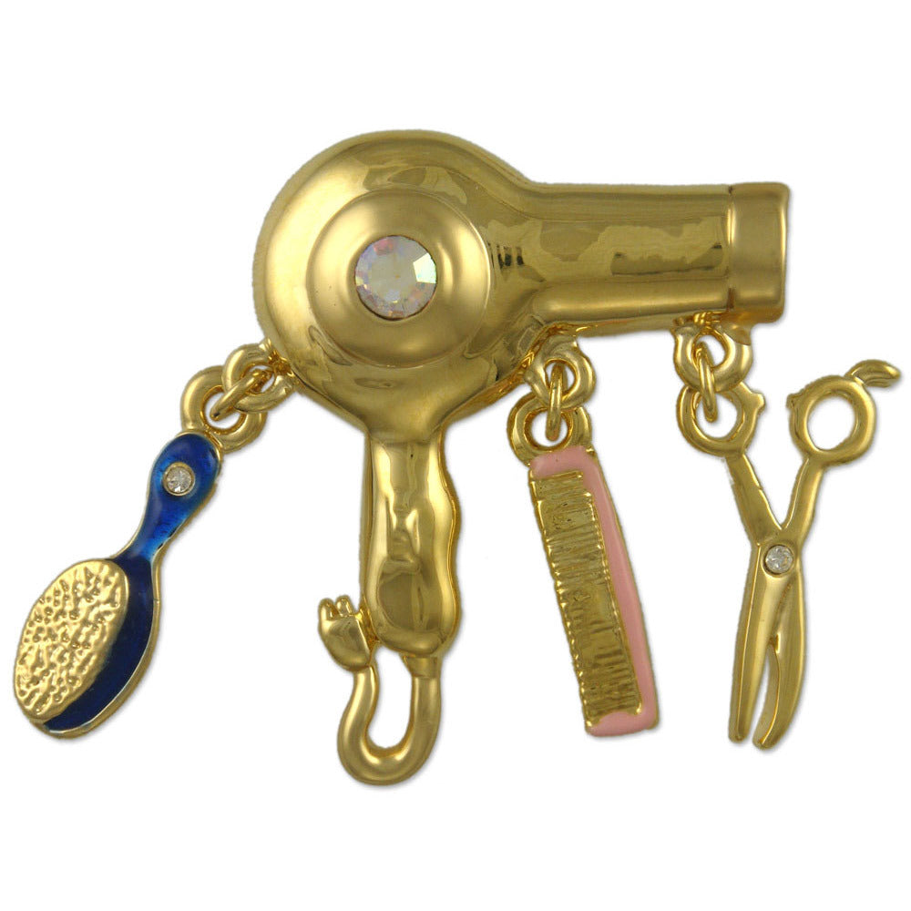 GB2456 | Austrian Crystal Hair Salon Dryer, Comb, Brush & Scissors Brooch Pin, Gold or Rhodium Plated