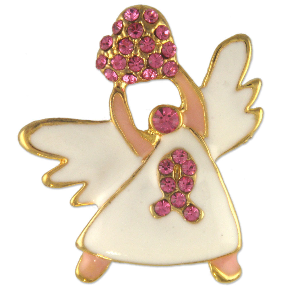 GB2468 | Pink Austrian Crystal Cancer Ribbon White Angel with Heart Brooch Pin Pendant, Gold or Rhodium Plated