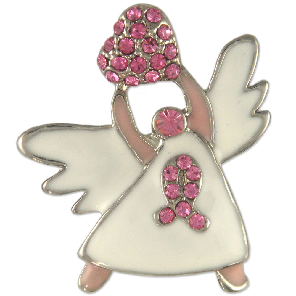 GB2468 | Pink Austrian Crystal Cancer Ribbon White Angel with Heart Brooch Pin Pendant, Gold or Rhodium Plated