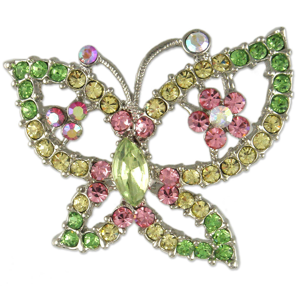 GB2473 | Rhodium Plated Austrian Crystal Colorful Butterfly Brooch Pin, Blue/Purple or Pink/Green