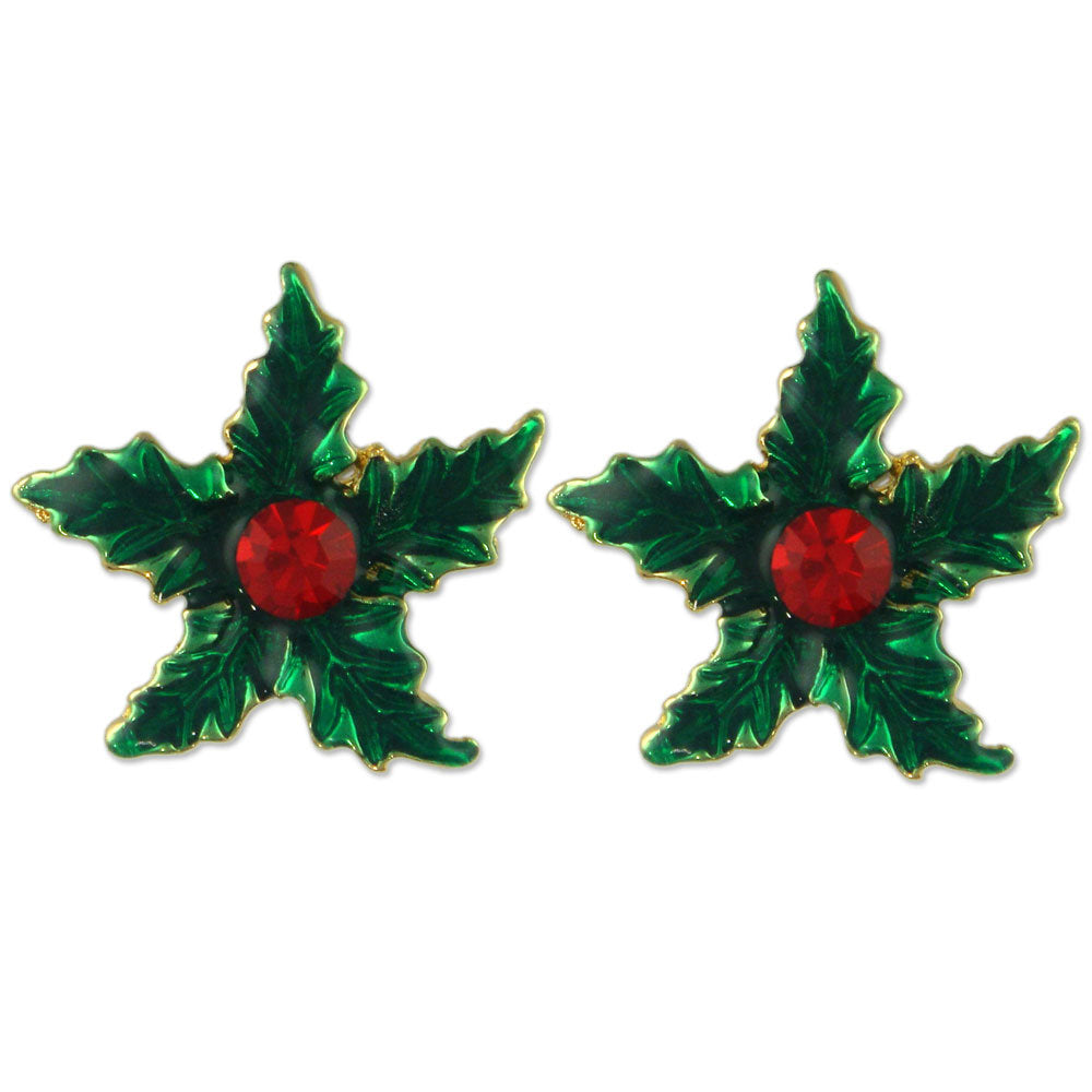 GE2453 | Gold Plated Red Austrian Crystal Christmas Green Enamel Wreath Earrings